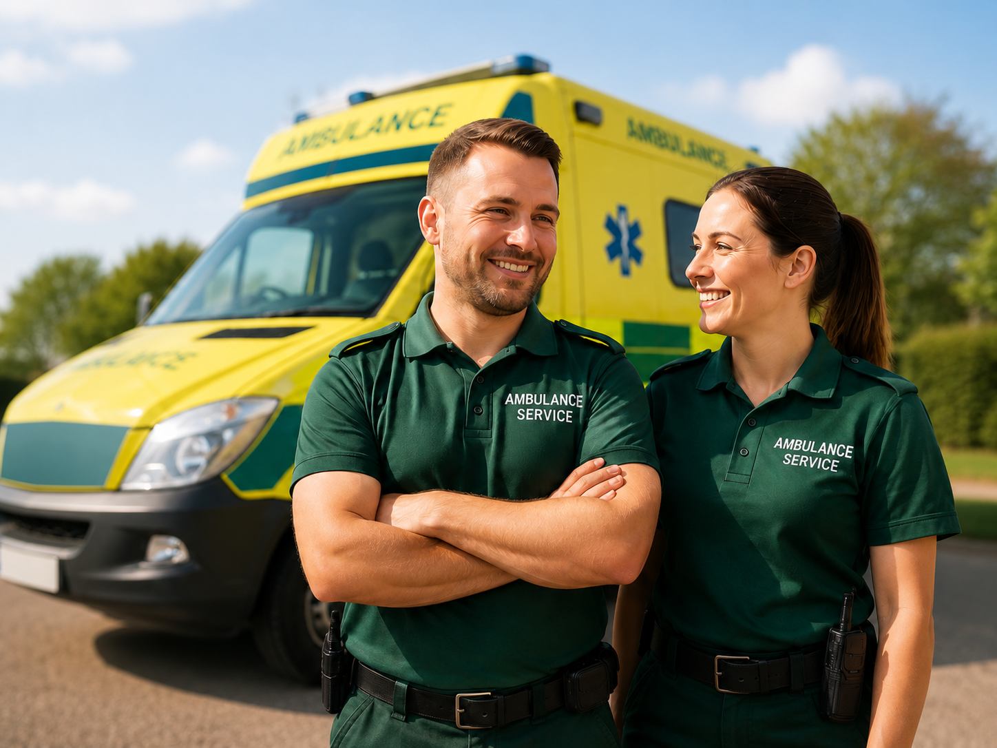 Smiling ambulance staff standing beside a yellow ambulance