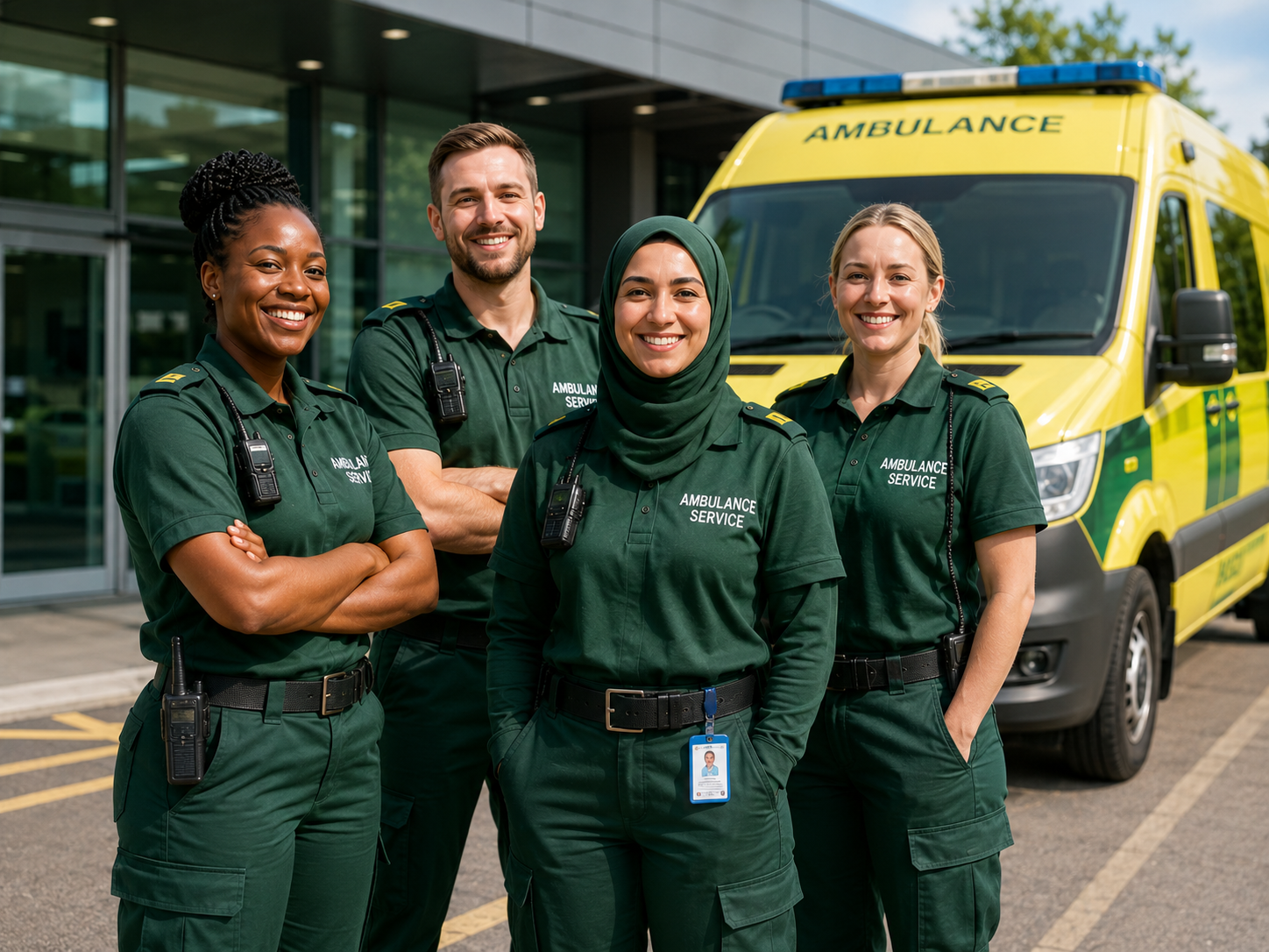Diverse ambulance team standing together in front of an ambulance