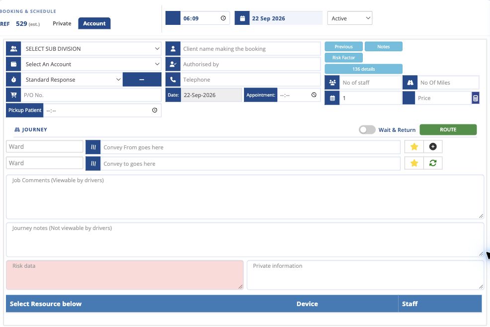 Actual blank Synergy booking form showing account, appointment, pickup and destination, crew and internal notes, and resource, device and staff selection fields.
